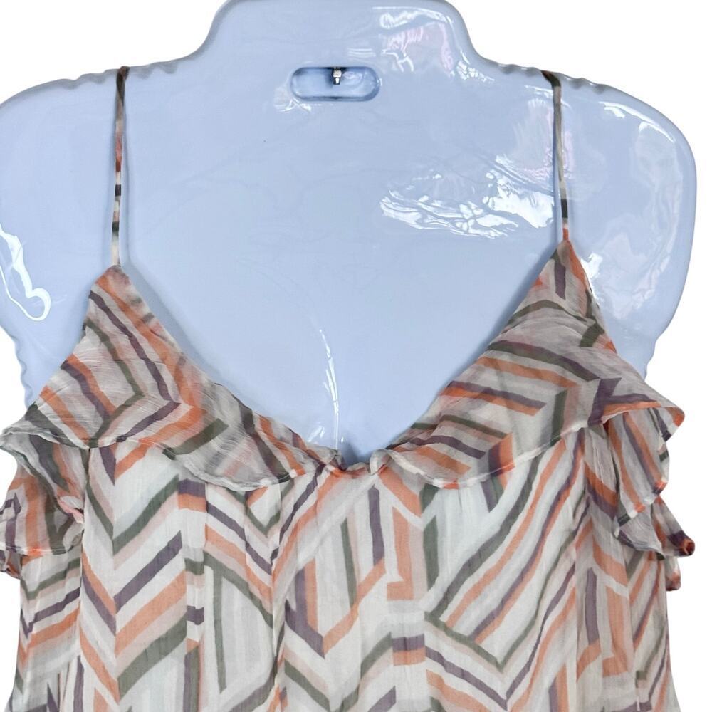 New REBECCA MINKOFF Emilia Multi Color Geo Print Chiffon Shift Dress Ruffle Sz M - Picture 4 of 13